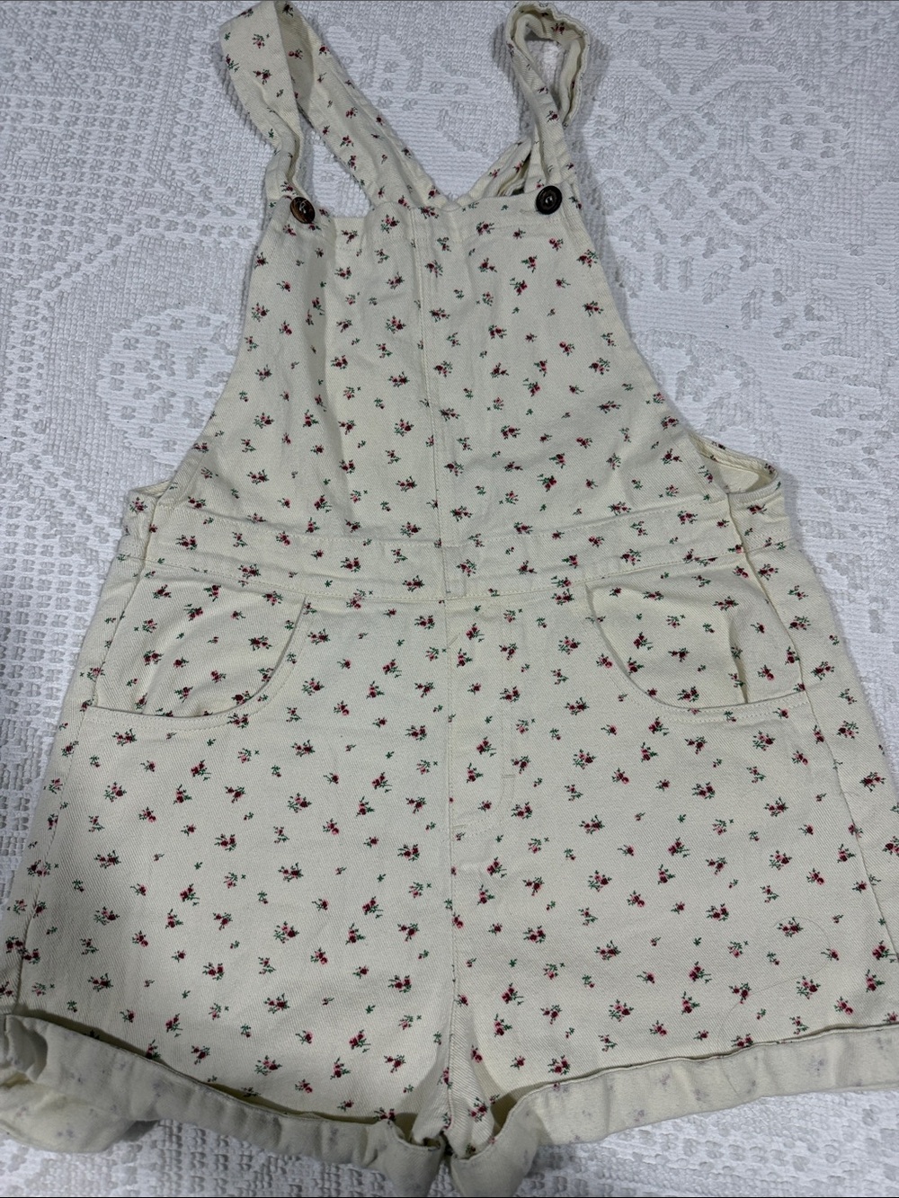 Bohme Cream Overall Shorts with Tiny Red Floral Print